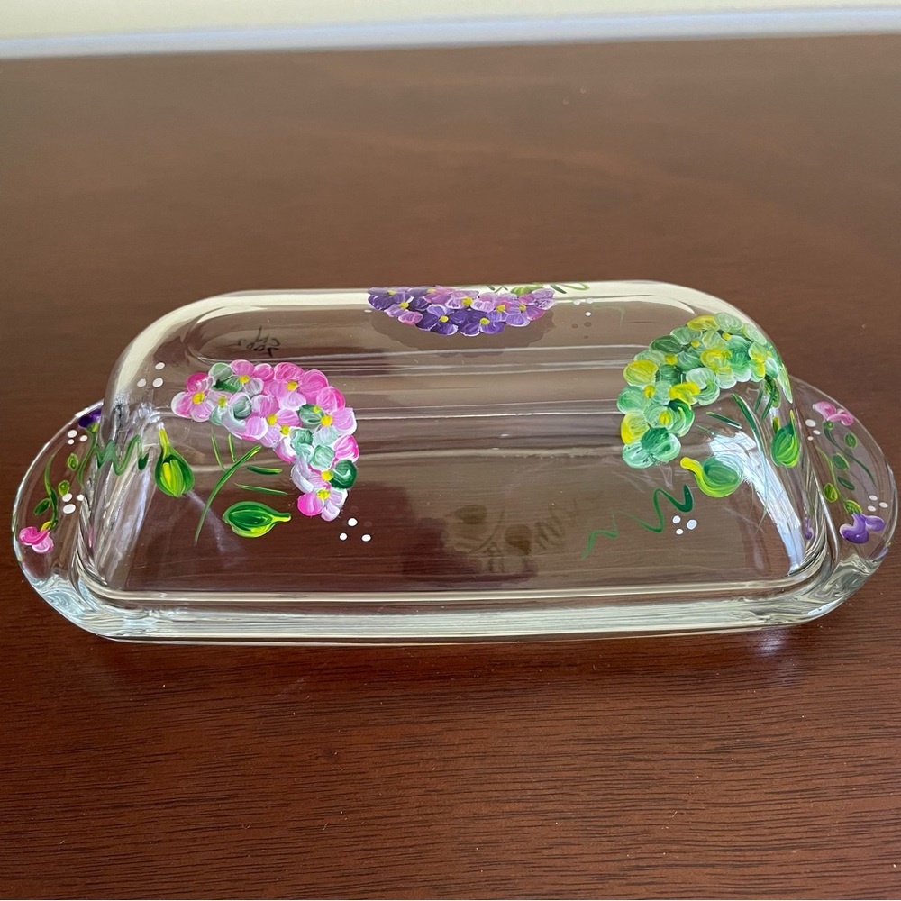 Vintage Hand Painted Flowered Glass Butter Dish With Lid